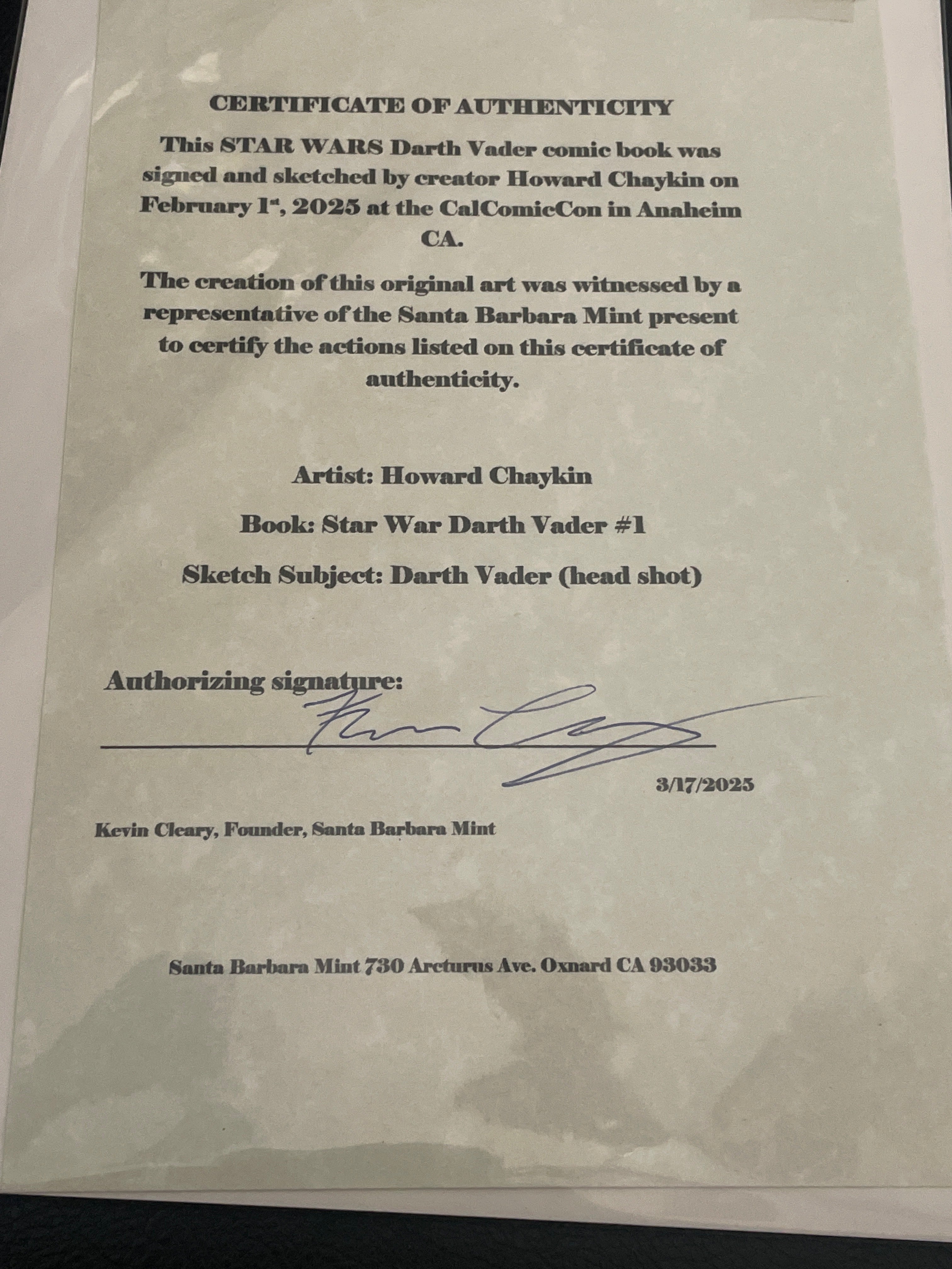 STAR WARS: DARTH VADER #1 variant cover comic book Signed & Sketched by Star Wars artist Howard Chaykin