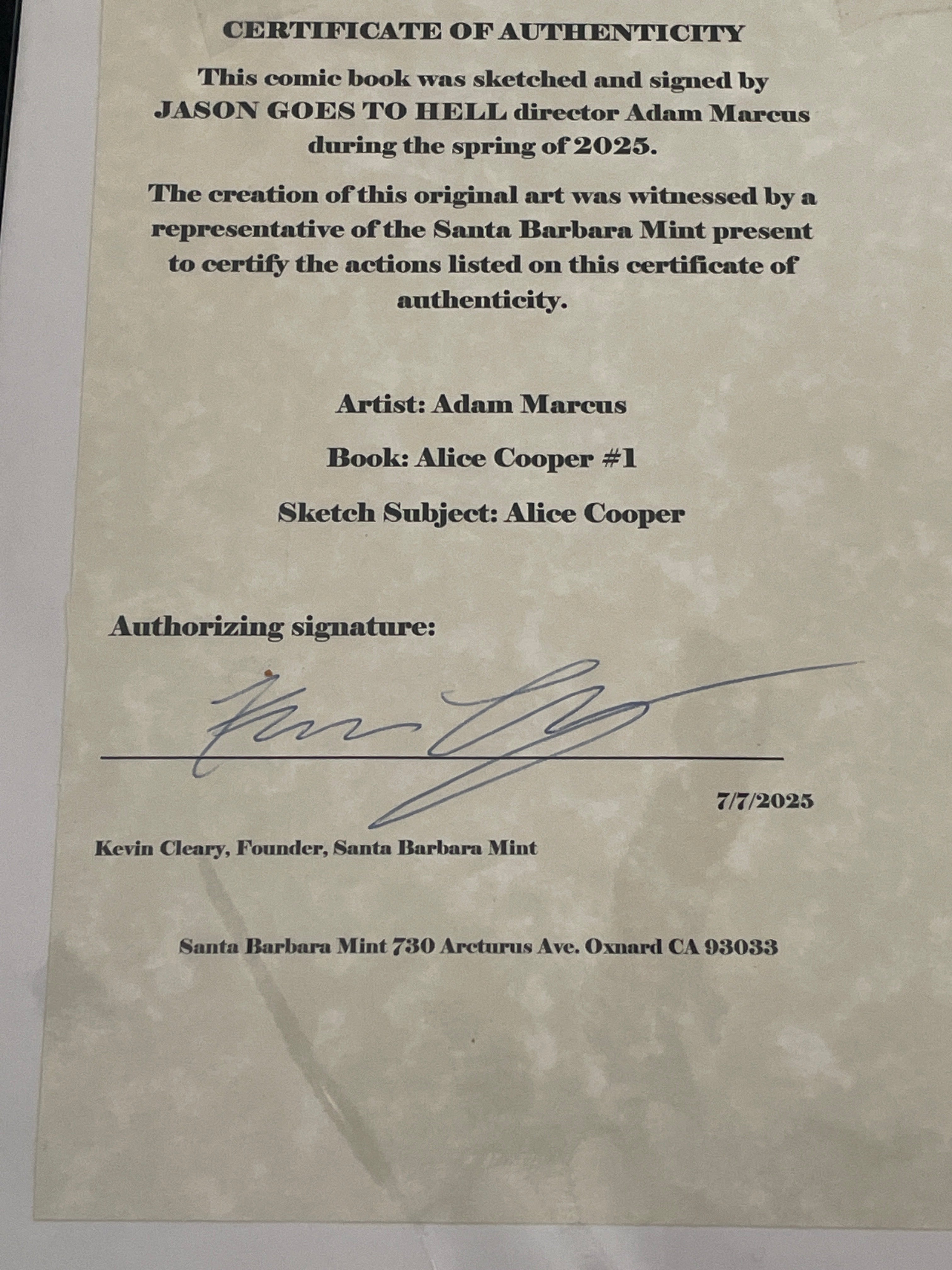 Alice Cooper, by Adam Marcus, Director of Jason Goes to Hell, a One-of-a-Kind of piece of Original Art on an ALICE COOPER #1 sketch cover!