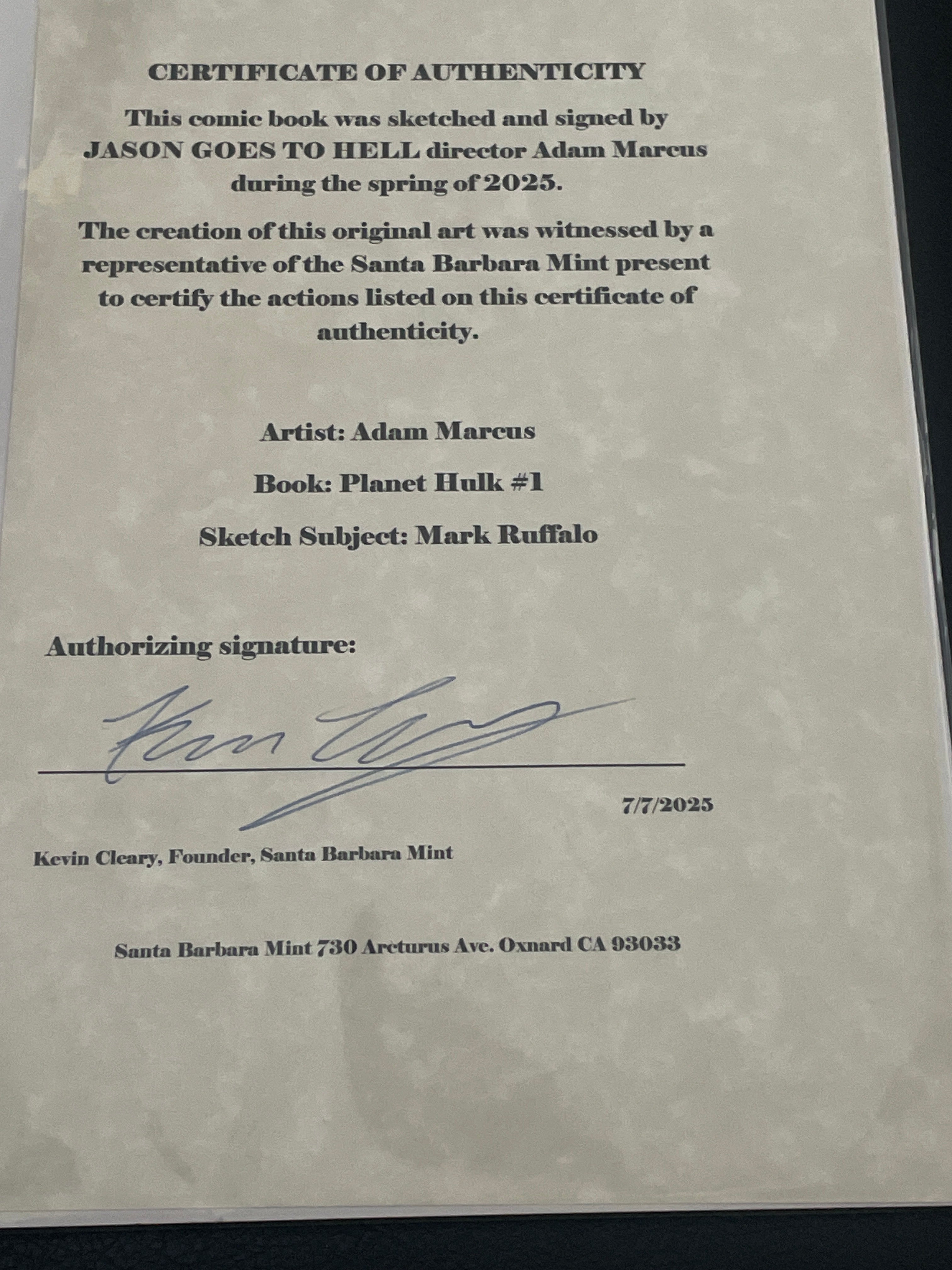 Mark Ruffalo as The Hulk, by Adam Marcus, Director of Jason Goes to Hell, a One-of-a-Kind piece of Original Art on a Planet Hulk #1 sketch cover!