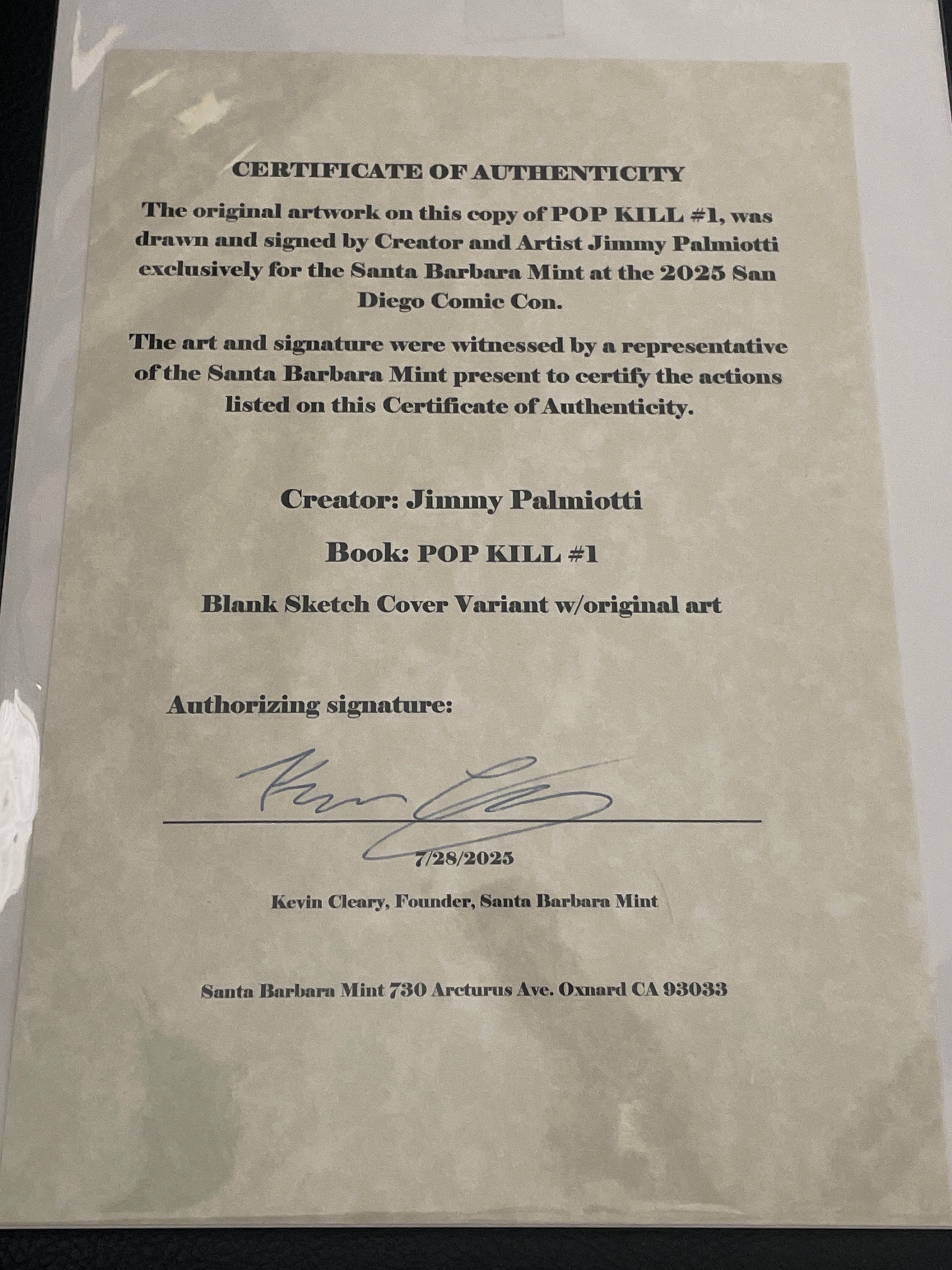 POP KILL #1 variant cover comic book Signed & Sketched by legendary comic book artist Jimmy Palmiotti