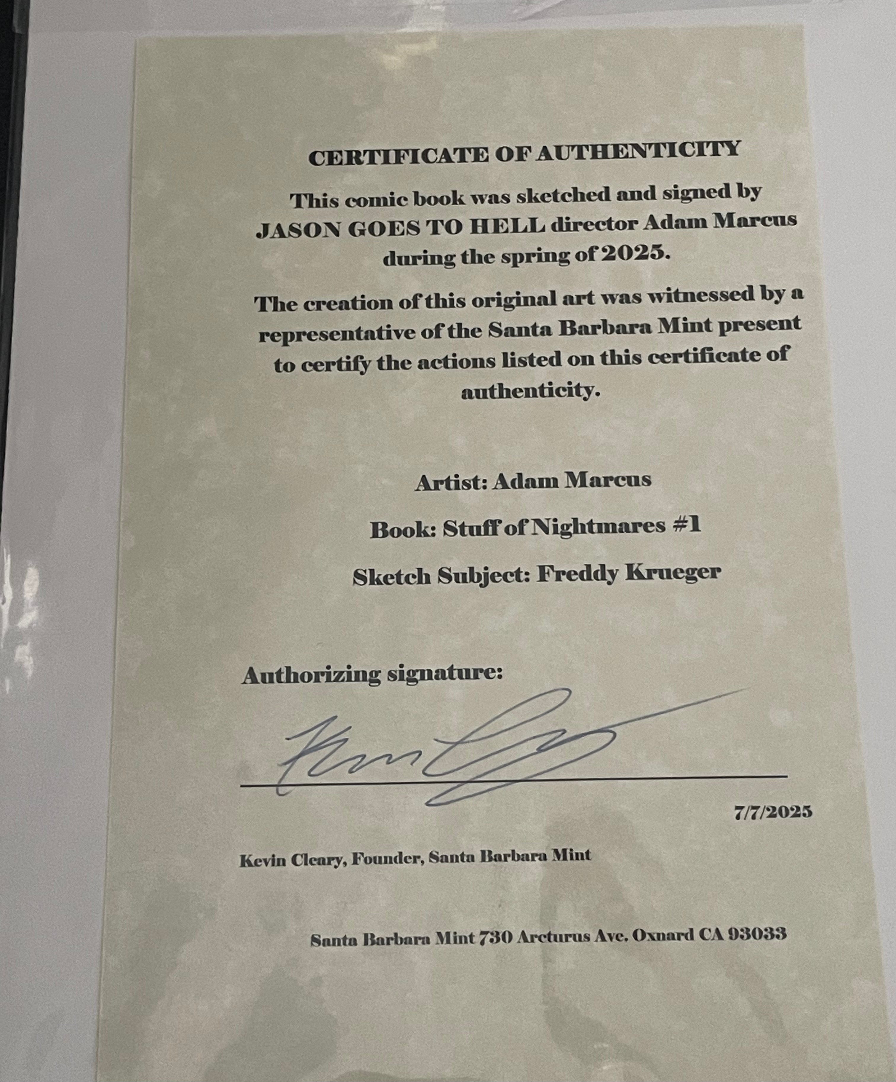 Freddy Krueger as drawn by Adam Marcus, Director of Jason Goes to Hell, a One of a Kind Piece of Original Art on a Stuff of Nightmares #1 sketch cover!