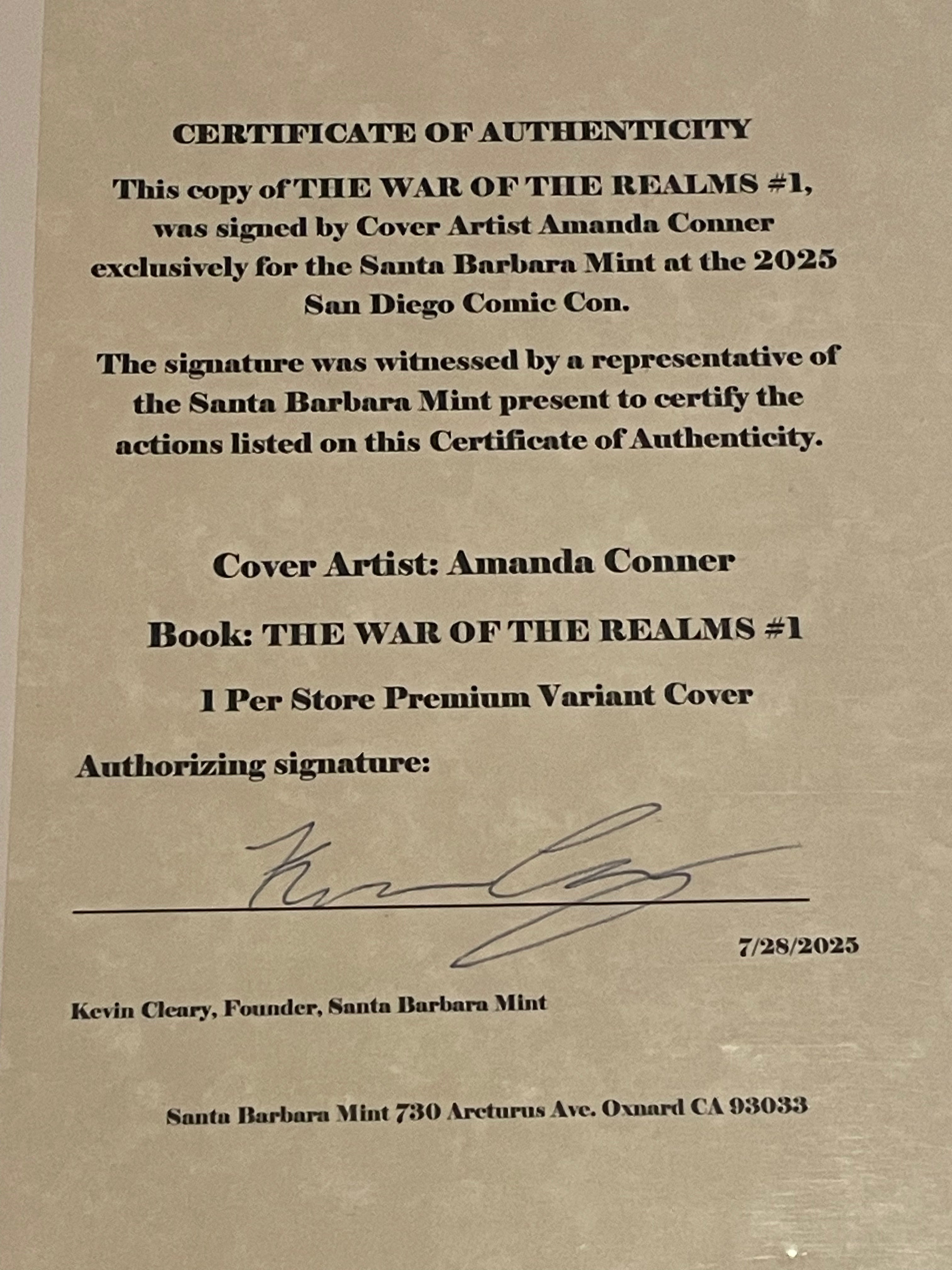 WAR OF THE REALMS #1, with a 1 per store allocation rare variant cover, signed by cover artist Amanda Conner