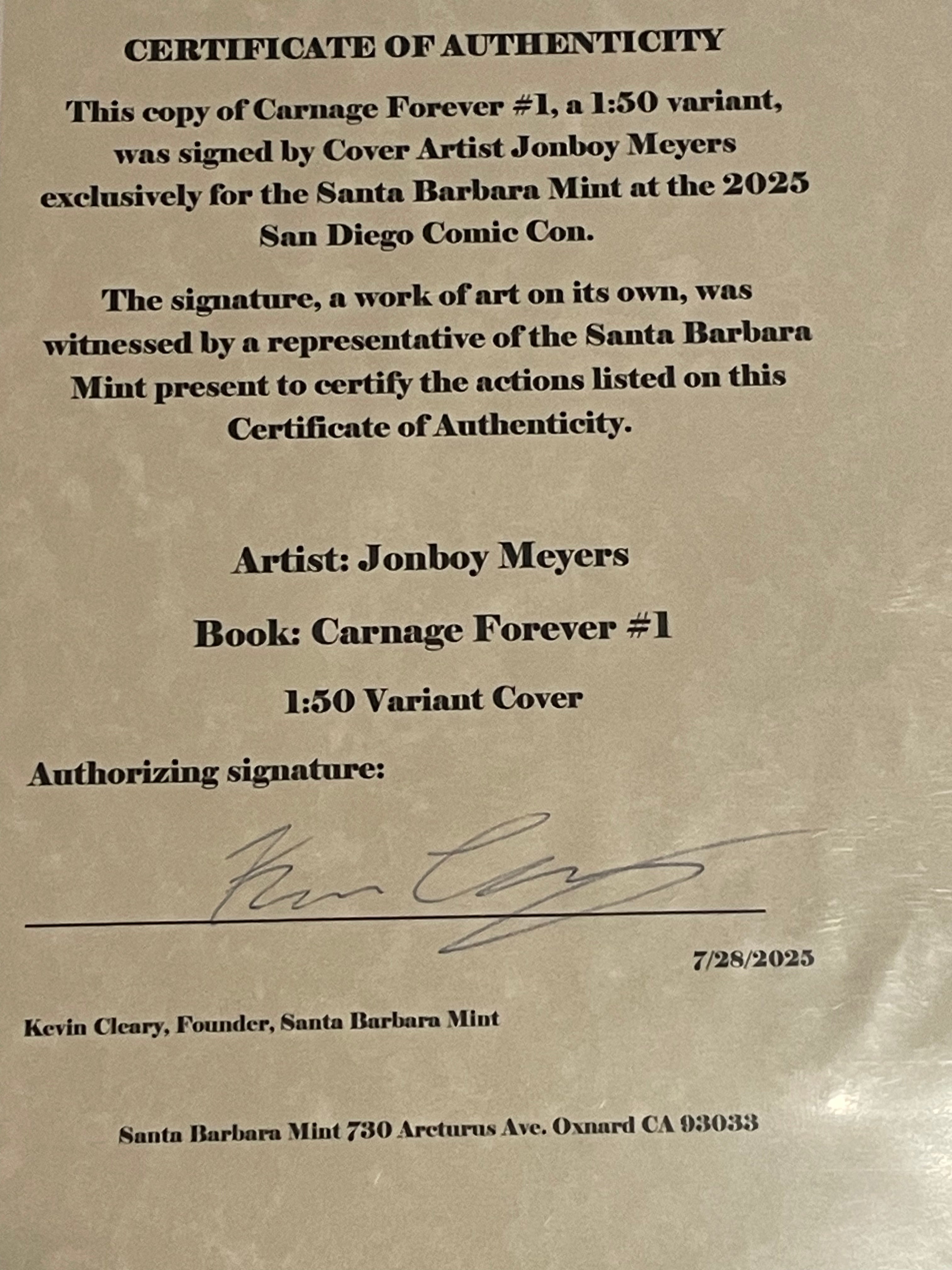 CARNAGE FOREVER #1, 1:50 Variant Cover Signed Limited Edition by Jonboy Meyers