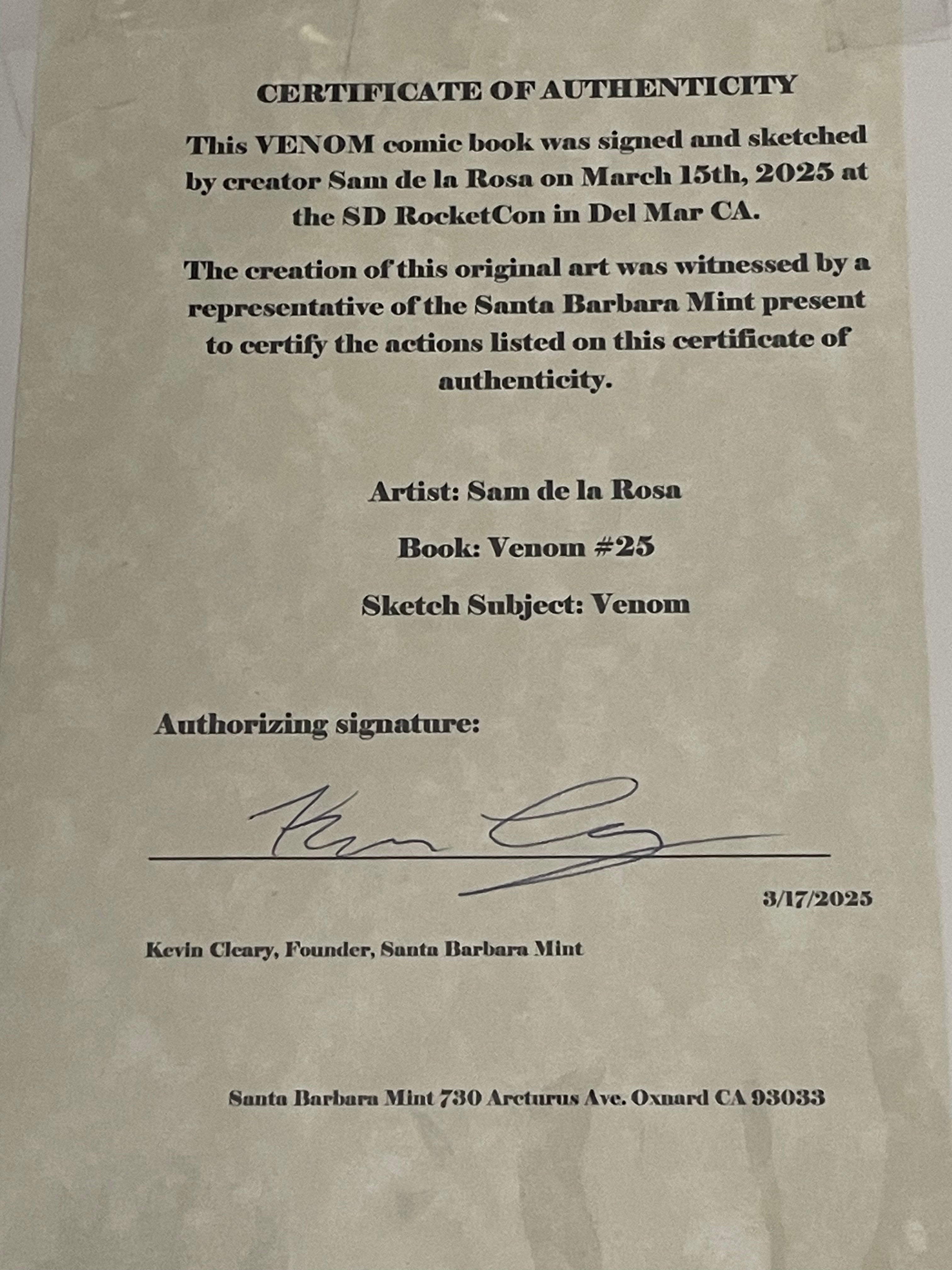 VENOM #25 variant cover comic book Signed & Sketched by Venom artist Sam de la Rosa