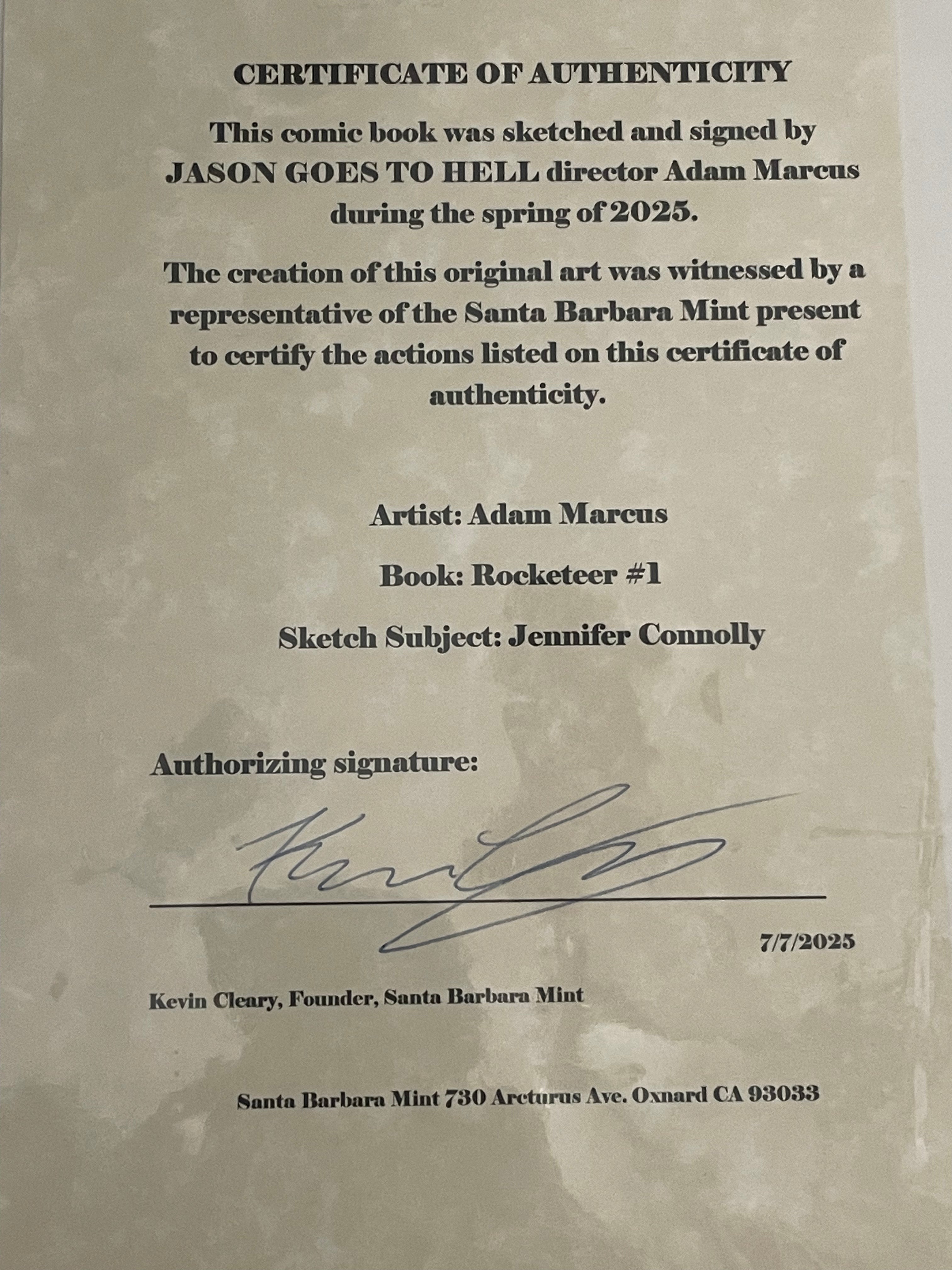 Jennifer Connolly as Jenny from THE ROCKETEER, as drawn by Adam Marcus, Director of Jason Goes to Hell, a One-of-a-Kind Piece of Original Art on an THE ROCKETEER #1  sketch cover