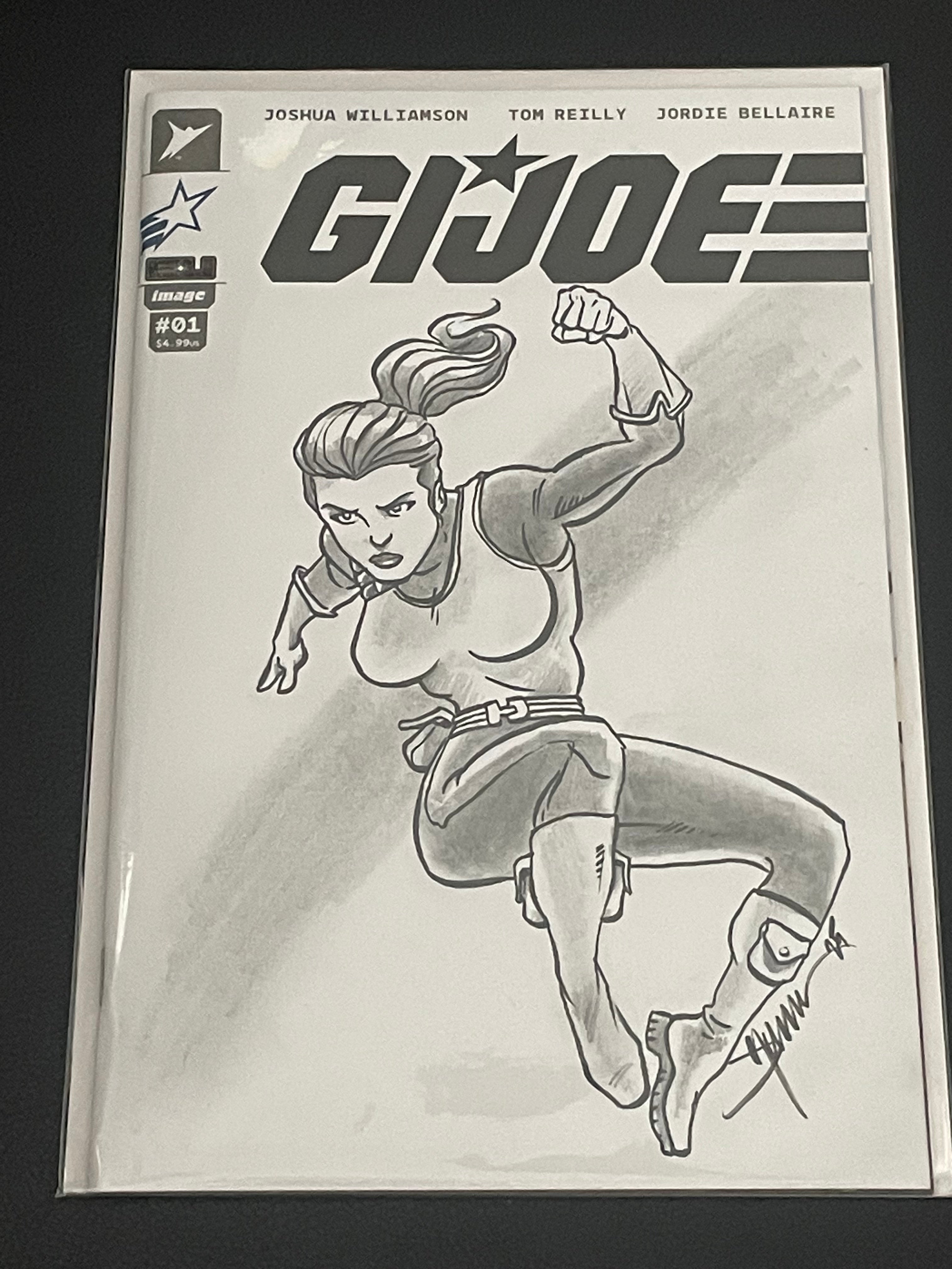 GI JOE's SCARLETT, as drawn by legendary GI JOE artist Jamie Sullivan, a One-of-a-Kind Piece of Original Art on a GI JOE #1 sketch cover
