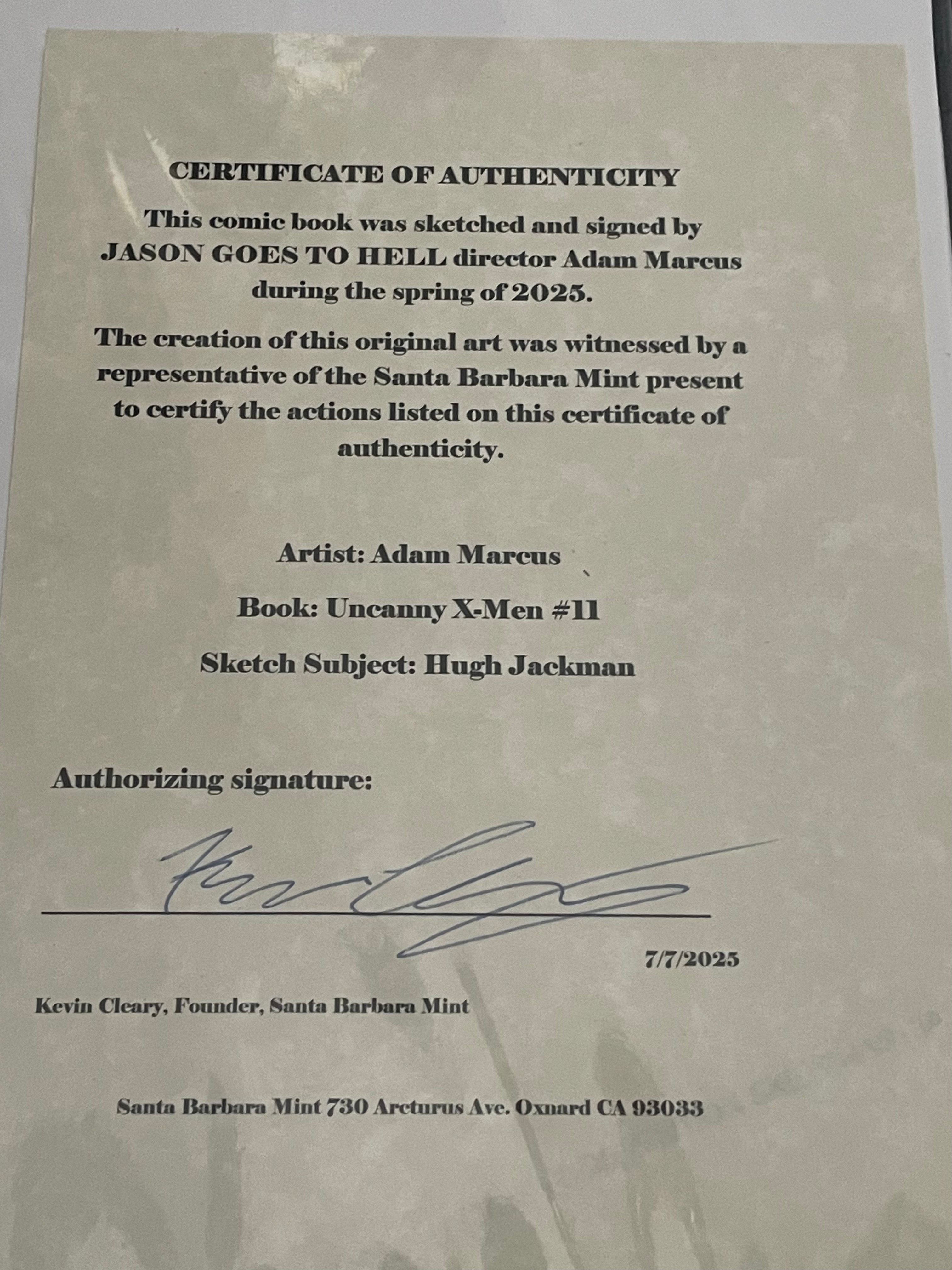 Hugh Jackman/Wolverine, as drawn by Adam Marcus, Director of Jason Goes to Hell, a One-of-a-Kind Piece of Original Art on an UNCANNY X-MEN #11 sketch cover