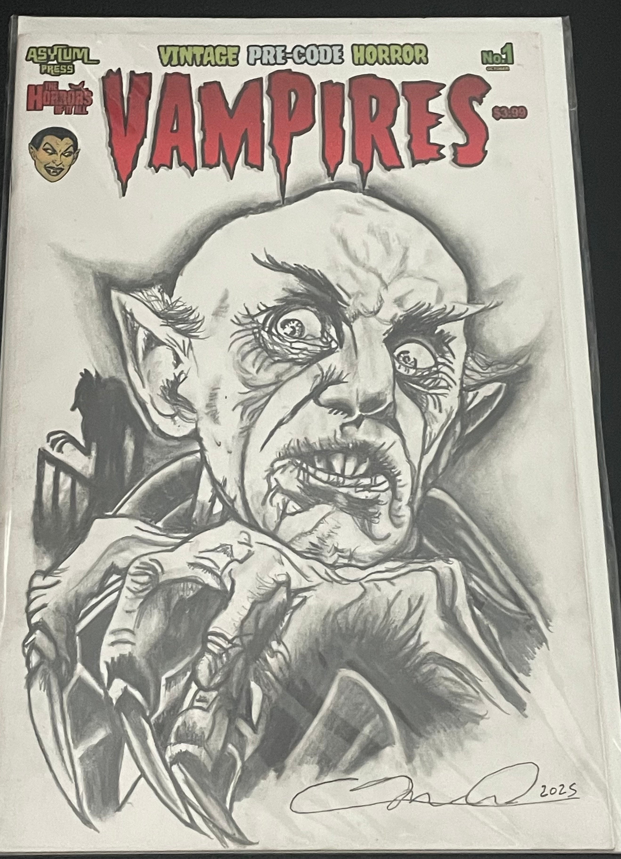 Nosferatu, the Original Vampire, as drawn by Adam Marcus, Director of Jason Goes to Hell, a One-of-a-Kind Piece of Original Art on a VAMPIRES #1 sketch cover