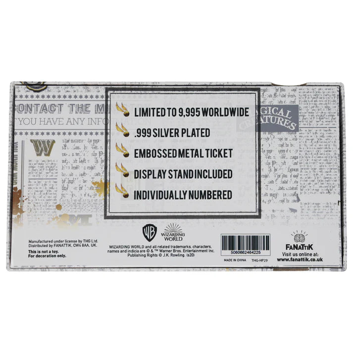 Harry Potter Limited Edition .999 Silver Plated Replica Quidditch World Cup Ticket