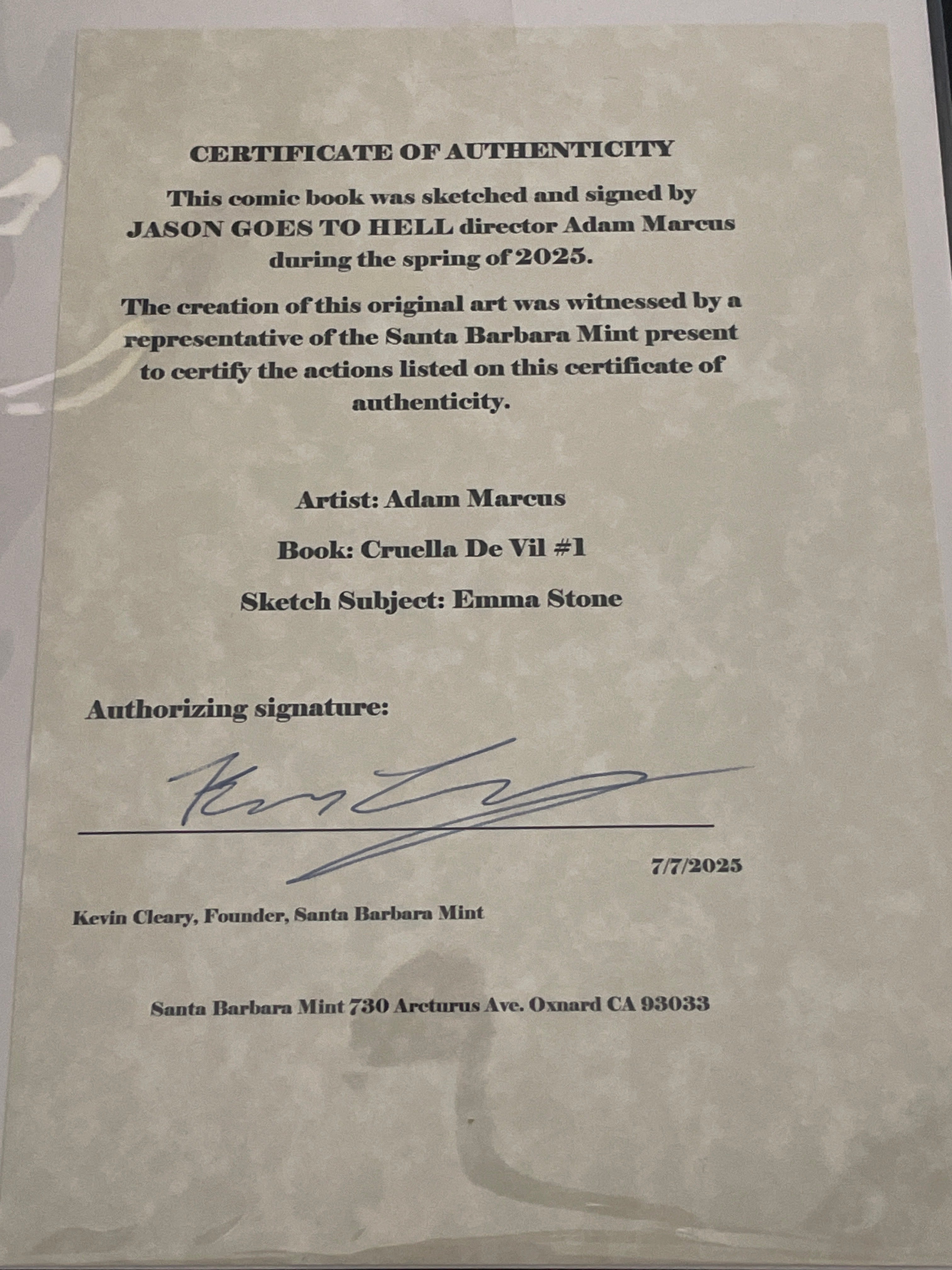 EMMA STONE as Cruella De Vil, by Adam Marcus, Director of Jason Goes to Hell, a One-of-a-Kind piece of Original Art on a Cruella De Vil #1 sketch cover!